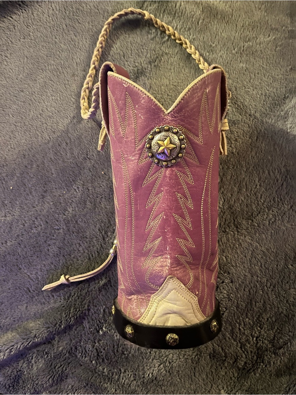Purple Western Boot wine bottle holder with Star Concho
